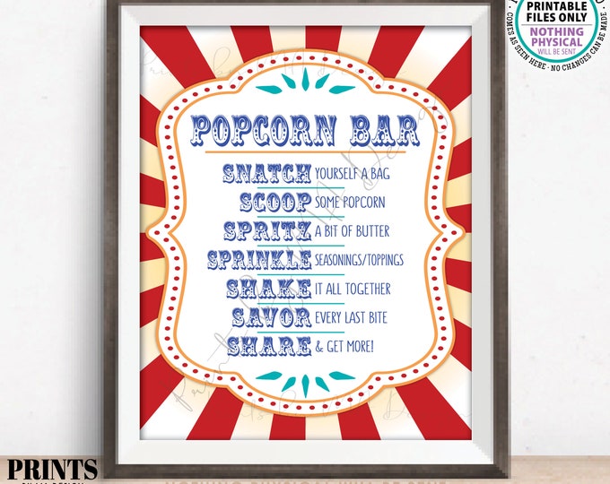 Popcorn Bar Sign, Carnival Popcorn Directions, Circus Birthday, Popcorn Station, Concession Stand, Festival, PRINTABLE 8x10/16x20” Sign <ID>