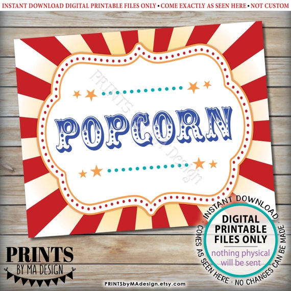 Carnival Food Signs, Popcorn, Cotton Candy, Pickles, Pretzels