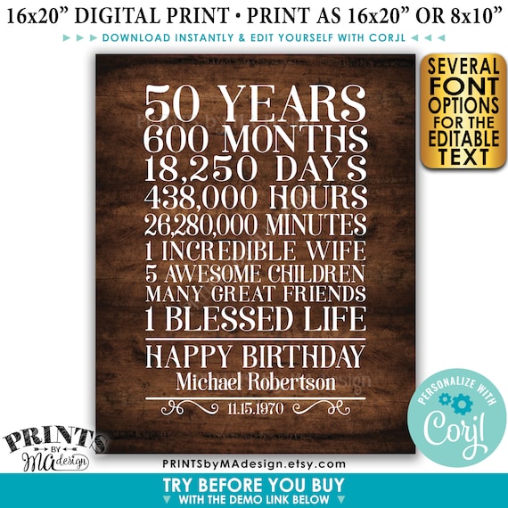 50 regalo di compleanno per un uomo, 50 anni ripartiti, Custom PRINTABLE  8x10/16x20 Cartello in stile legno rustico Modifica te stesso con Corjl -   Italia