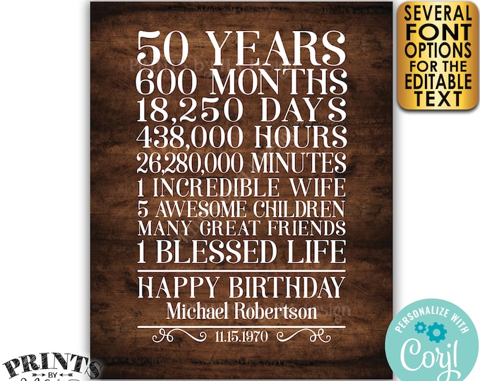 50th Birthday Gift for a Man, 50 Years Broken Down, Custom PRINTABLE 8x10/16x20” Rustic Wood Style Sign <Edit Yourself with Corjl>