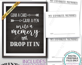 Write a Memory, Grab a Card and Pen Drop it In, Birthday Graduation Retirement, PRINTABLE 4.25x5.5" Cards & 8x10” Chalkboard Style Sign <ID>