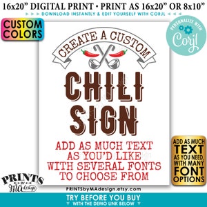 Editable Chili Sign, Custom Chili Cook-Off Display, One PRINTABLE 8x10/16x20” Portrait Sign, Custom Text & Colors <Edit Yourself w/Corjl>