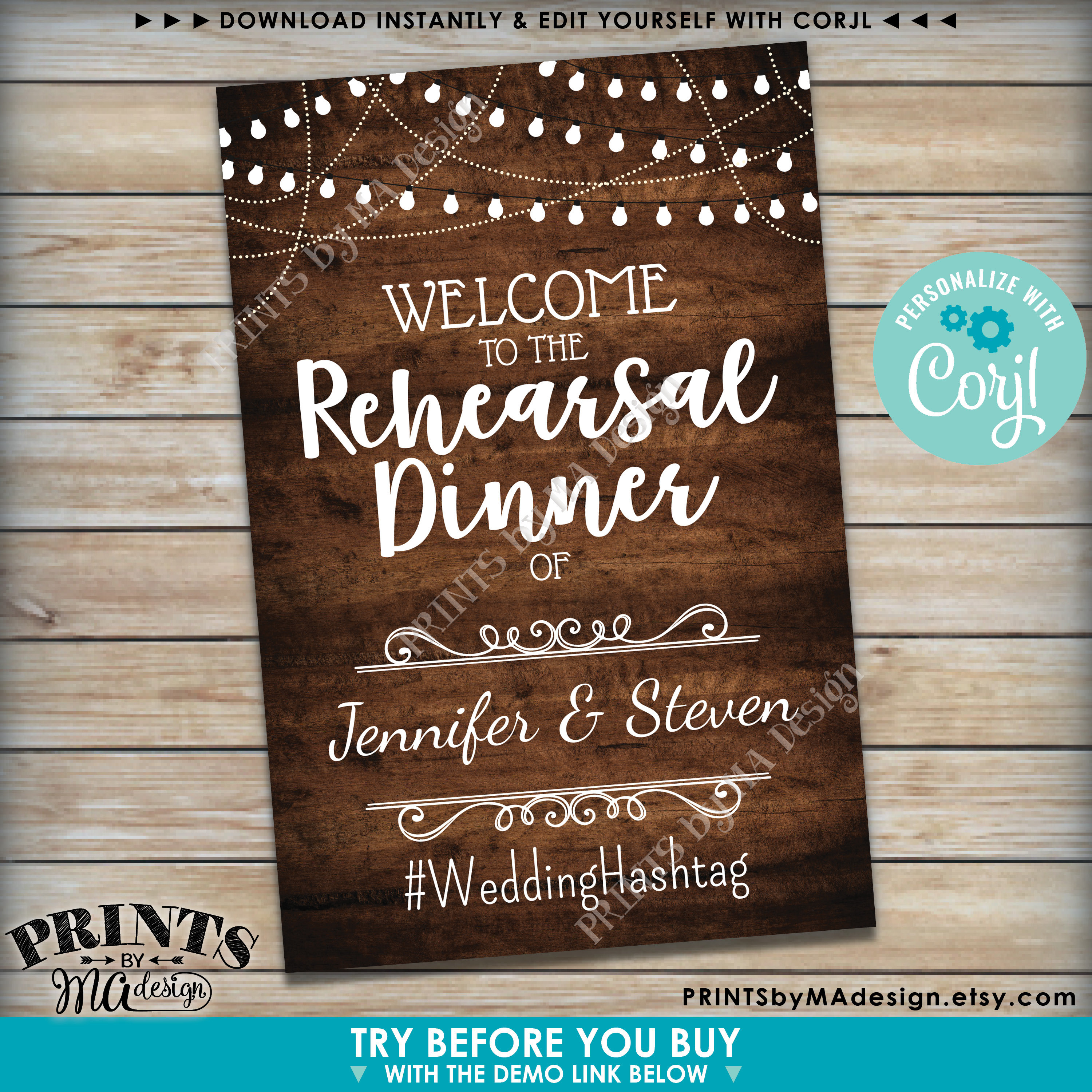 Welcome to the Rehearsal Dinner Sign, Custom PRINTABLE 24x36” Rustic Wood Style Rehearsal