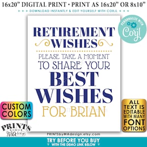 Pensioen wensen teken, laat alstublieft uw beste wensen achter voor de gepensioneerde, AFDRUKBARE 8x10/16x20" Pensioen Party Decor <Edit Yourself w/Corjl>