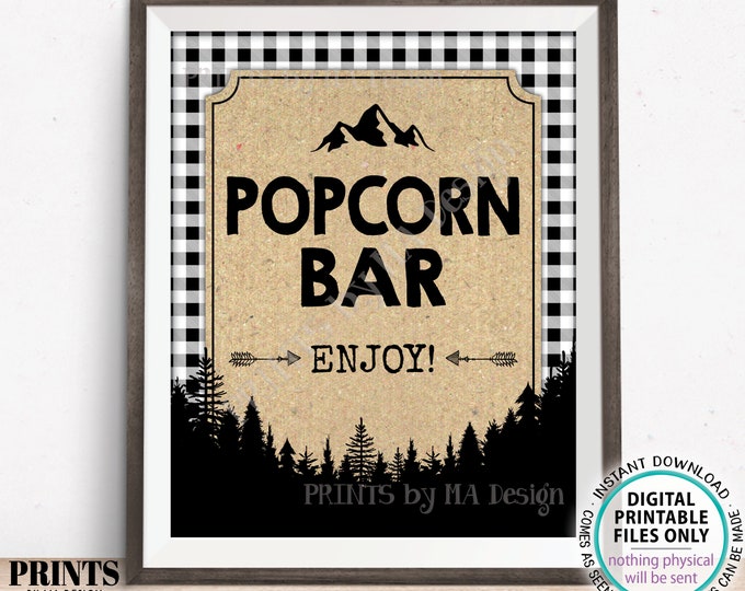 Popcorn Bar Sign, Lumberjack Popcorn, White Checker Buffalo Plaid Decor, Birthday, Wedding, Christmas, PRINTABLE 8x10" Popcorn Sign <ID>