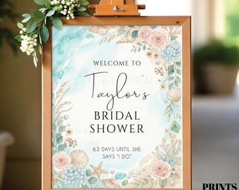 Beach Bridal Shower Sign, Coastal Sea Shell, Personalized Bride-to-Be's Name, Watercolor Style PRINTABLE 8x10/16x20” Wedding Shower Sign