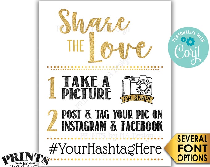 Share the Love Hashtag Sign, Oh Snap, Facebook Instagram, Black & Gold Glitter Printable 8x10/16x20" Sign <Edit Yourself with Corjl>