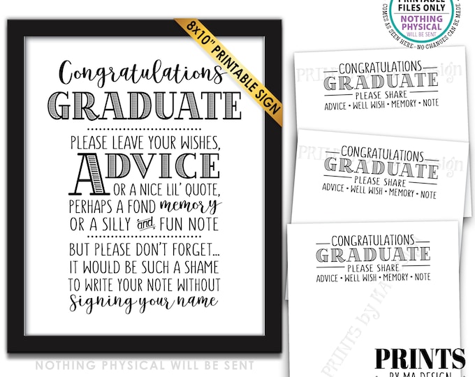 Congratulations Graduate Note, Advice, Memory, Well Wishes, PRINTABLE Graduation Party 8x10" Sign & 8.5x11" Sheet of Cards <ID>