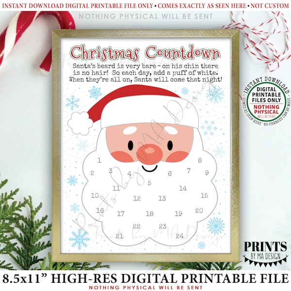 Countdown to Christmas, Glue Cotton Balls on Santa's Beard Countdown Calendar, PRINTABLE 8.5x11” Xmas Santa Countdown Sign <ID>