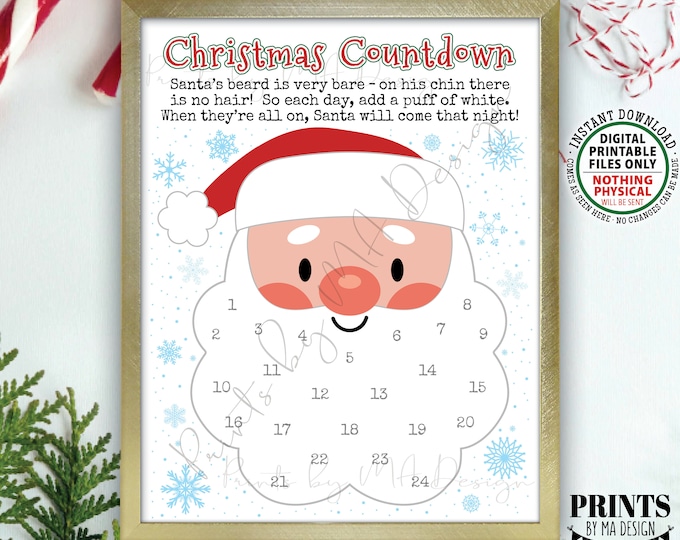 Countdown to Christmas, Glue Cotton Balls on Santa's Beard Countdown Calendar, PRINTABLE 8.5x11” Xmas Santa Countdown Sign <ID>