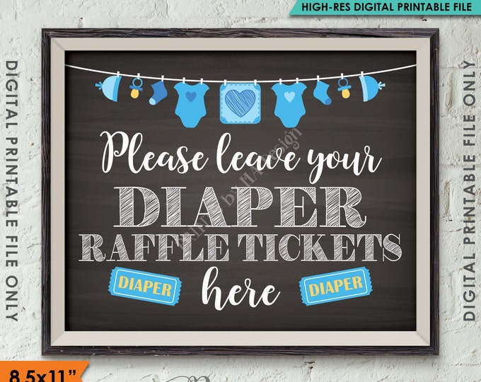 Diaper Raffle Ticket Sign, Leave Your Ticket Here, Raffle Ticket Baby Shower Sign, Blue Clothesline, Chalkboard Style PRINTABLE 8.5x11" <ID>