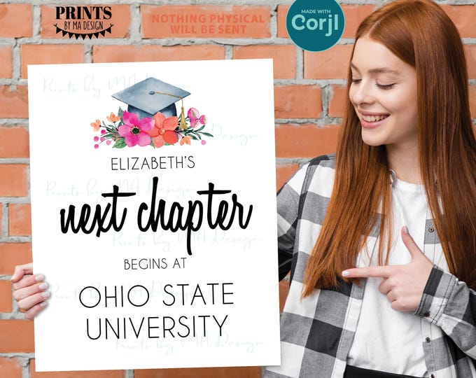 Editable Next Chapter Begins Floral Graduation Party Decor, Pink & Orange Flowers, Custom PRINTABLE 8x10/16x20” Sign <Edit Yourself w/Corjl>
