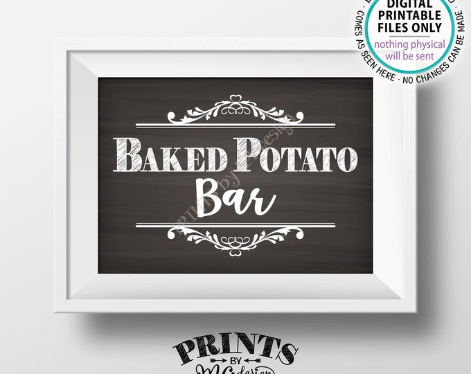 Baked Potato Bar Sign, Potato Station, Wedding Shower, Graduation, Birthday, Retirement, PRINTABLE 5x7” Chalkboard Style Potato Sign <ID>