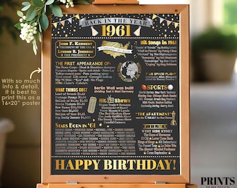 Back in the Year 1961 Birthday Sign, Flashback to 1961 Poster Board, ‘61 B-day Gift, Bday Decoration, PRINTABLE 16x20” Sign <ID>
