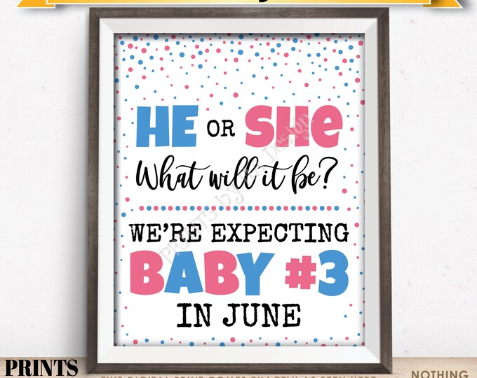 Baby Number 3 Pregnancy Announcement, He or She What Will It Be We're Expecting Baby #3 in JUNE Dated PRINTABLE Sign <ID>