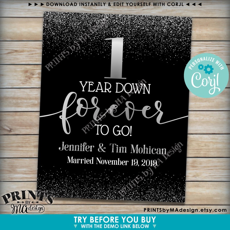 Years Down Forever to Go Anniversary Party Sign, Any Year, Custom PRINTABLE 16x20” Black & Silver Glitter Decor <Edit Yourself with Corjl> image 4