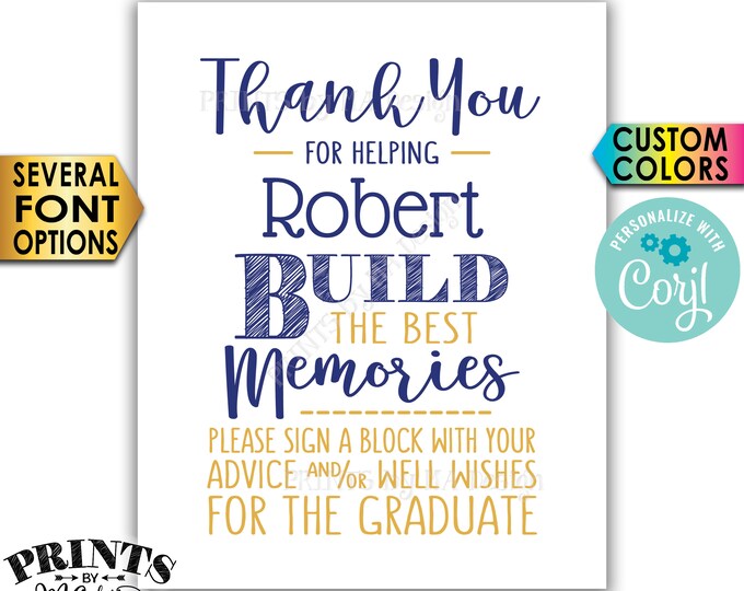 Sign a Block Graduation Party Decoration, Thanks for Building Memories, PRINTABLE 8x10” Sign <Edit Yourself with Corjl>