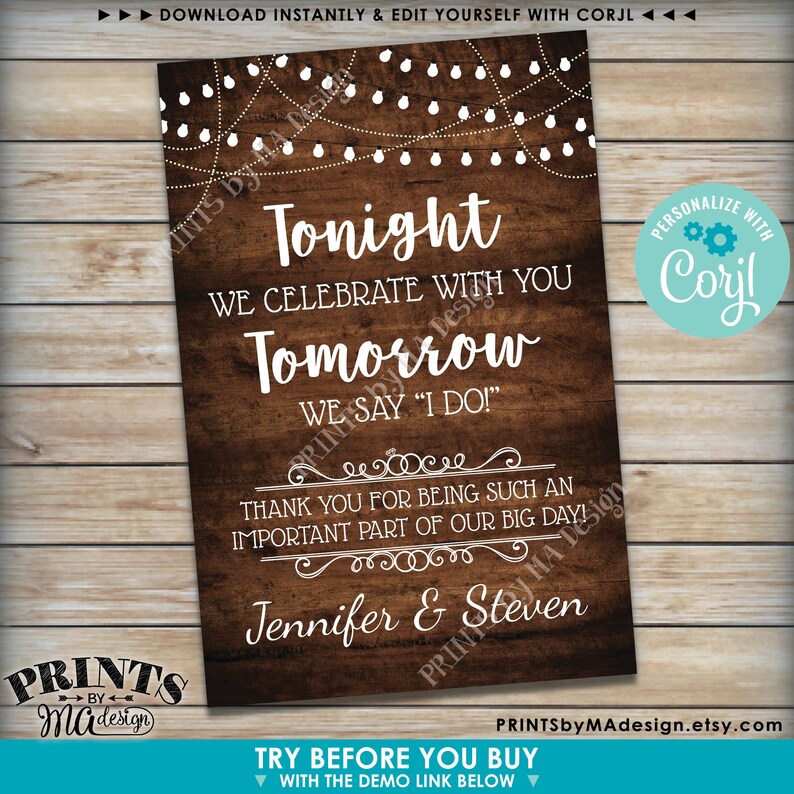 Tonight We Celebrate With You Tomorrow We Say I Do Rehearsal Dinner Schild, DRUCKBARE 24x36 Zoll Rustikales Holzstil Schild Bearbeiten Sie sich mit Corjl Bild 4