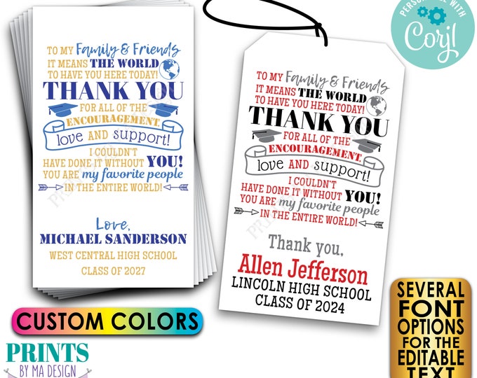 Editable Graduation Party Favors, Thank You Goodie Bags, PRINTABLE 8.5x11" Sheet of 2x3.5" Editable Tags or Cards <Edit Yourself w/Corjl>