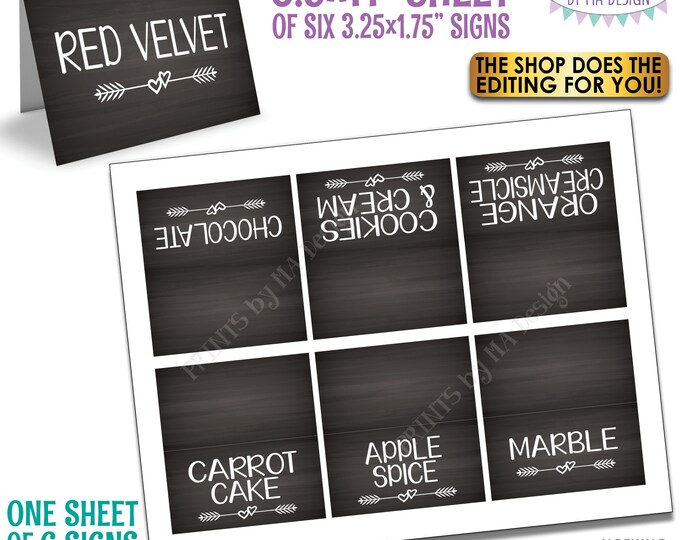 Cupcake Menu Flavors Signs, Wedding Shower Birthday Cupcake Mini Menus, 6 Chalkboard Style 1.75x3.25" Place Cards on PRINTABLE 8.5x11” Sheet