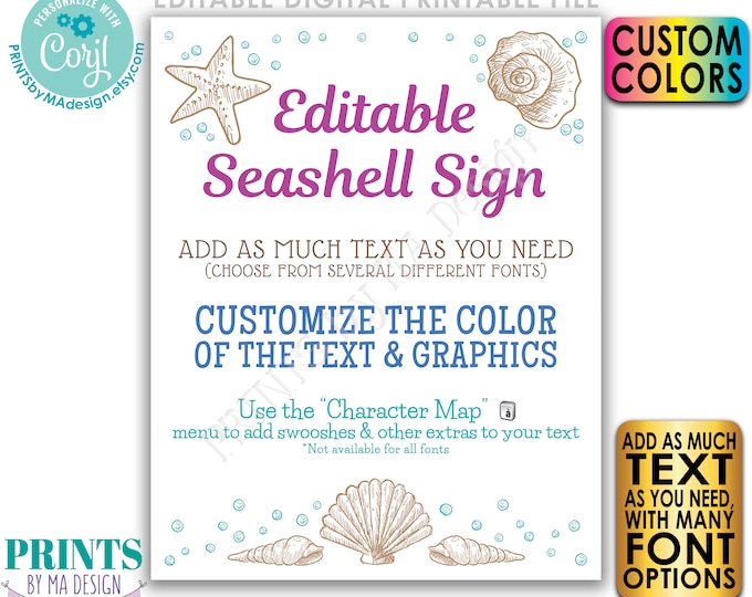 Editable Seashell Sign, Choose Your Text & Colors, Beach Theme, One Custom PRINTABLE 16x20” Portrait Sign <Edit Yourself with Corjl>