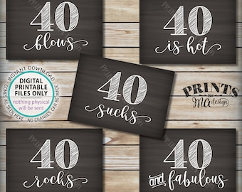 40th Birthday Signs, 40 Sucks, Rocks, Blows, Fabulous, is Hot, Fortieth Birthday Party, Candy, 5 PRINTABLE 5x7 Chalkboard Style Signs <ID>