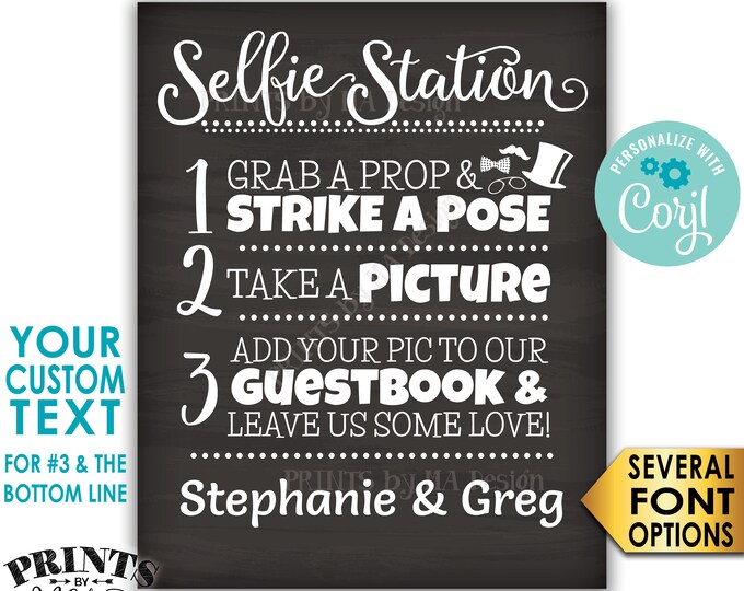 Selfie Station Sign, Custom Step Number 3 and Bottom Line of Text, PRINTABLE 8x10/16x20” Chalkboard Style Sign <Edit Yourself with Corjl>