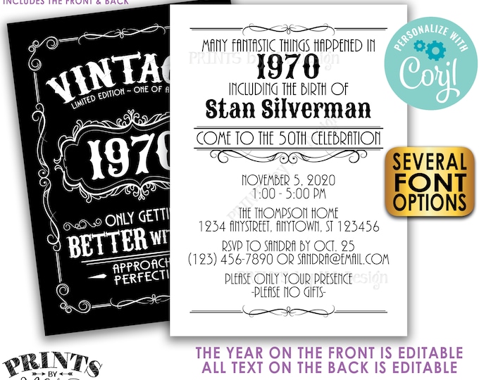 Vintage Birthday Party Invitation, Better with Age Standard Bday Invite, Whiskey, Two PRINTABLE 5x7” Files <Edit Yourself with Corjl>