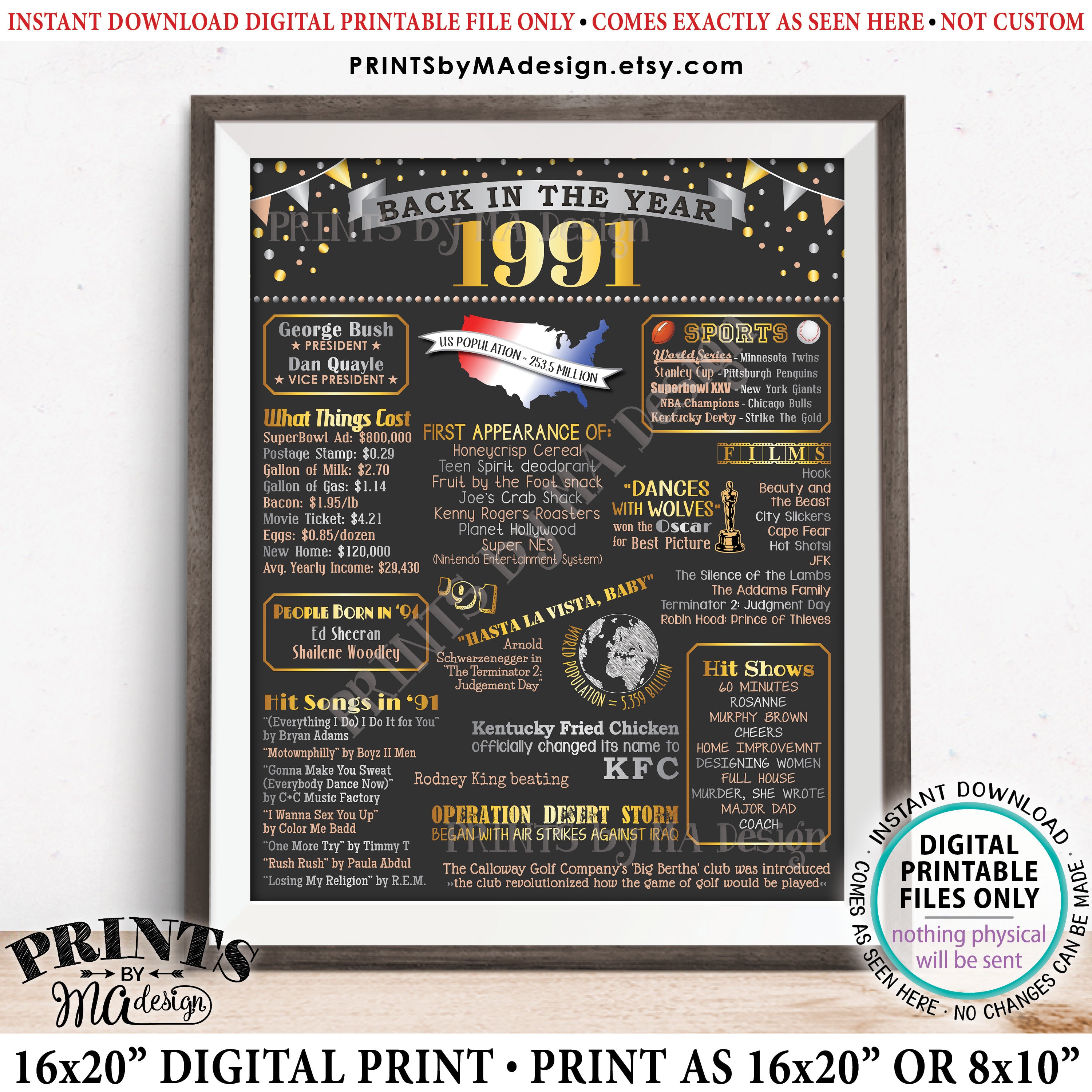 Back in the Year 1991 Poster Board, Remember 1991 Sign, Flashback to ...
