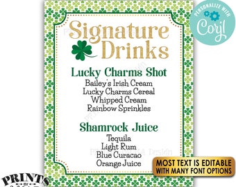 Signature Drinks Sign, Signature Cocktails, St. Patrick's Day Party, Shamrock Menu, PRINTABLE 8x10/16x20” Sign <Edit Yourself with Corjl>