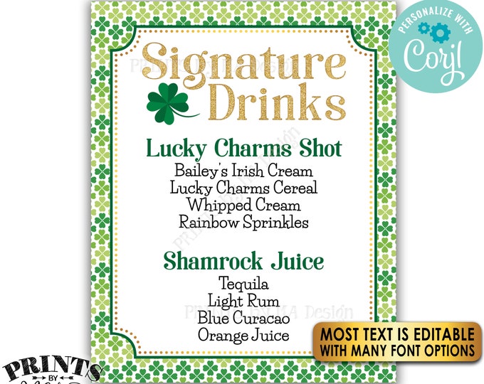 Signature Drinks Sign, Signature Cocktails, St. Patrick's Day Party, Shamrock Menu, PRINTABLE 8x10/16x20” Sign <Edit Yourself with Corjl>