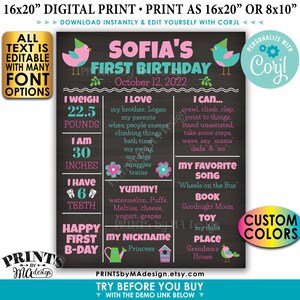 Cartel de primer cumpleaños con tema de pájaro, tablero de hitos personalizado del 1er cumpleaños, letrero de estilo de pizarra IMPRIMIBLE personalizado <Edit Yourself w/Corjl>
