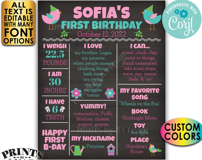 Bird themed First Birthday Poster, 1st Bday Personalized Milestones Board, Custom PRINTABLE Chalkboard Style Sign <Edit Yourself w/Corjl>