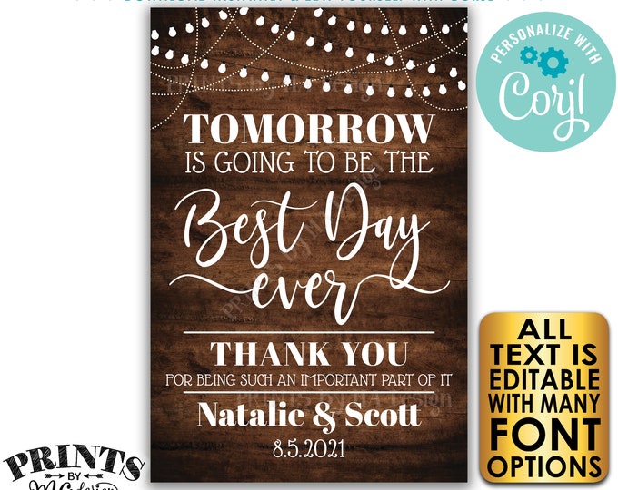 Tomorrow is Going to Be The Best Day Ever PRINTABLE 24x36” Rustic Wood Style Wedding Rehearsal Dinner Sign, Lights <Edit Yourself w/Corjl>