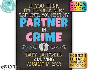 Meet My Partner in Crime Pregnancy Announcement Sign, Baby #2 Reveal, Custom PRINTABLE 16x20” Chalkboard Style Sign <Edit Yourself w/Corjl>