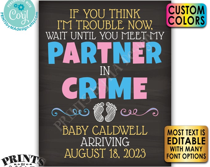 Meet My Partner in Crime Pregnancy Announcement Sign, Baby #2 Reveal, Custom PRINTABLE 16x20” Chalkboard Style Sign <Edit Yourself w/Corjl>