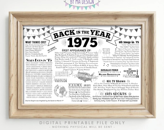 Back in the Year 1975 Banner, Remember 1975 Poster Board, Flashback to 1975 USA History from 1975, PRINTABLE 24x36” Sign <ID>