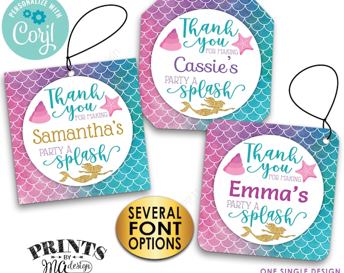 Mermaid Party Thank You Tags, Birthday Party Favor, Custom 3" Square Cards, Digital PRINTABLE 8.5x11" File <Edit Yourself with Corjl>