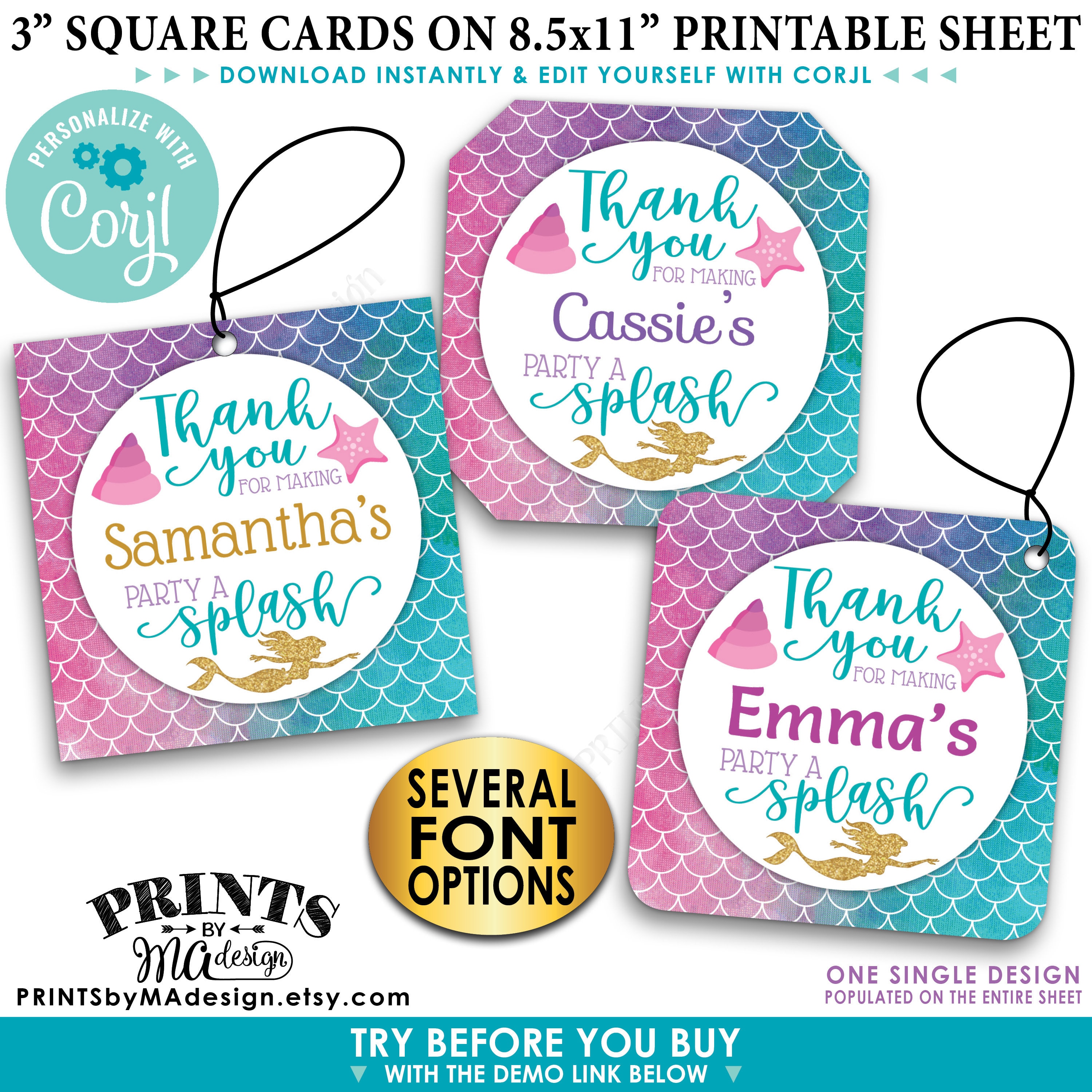 Mermaid Party Thank You Tags, Birthday Party Favor, Custom 3 Square Cards,  Digital PRINTABLE 8.5x11 File