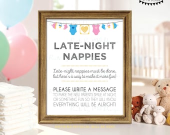Late-Night Nappies Sign, Write Nappy Thoughts, Funny Baby Shower Activity, Game, Gender Neutral Colors, PRINTABLE 8x10/16x20” Sign <ID>