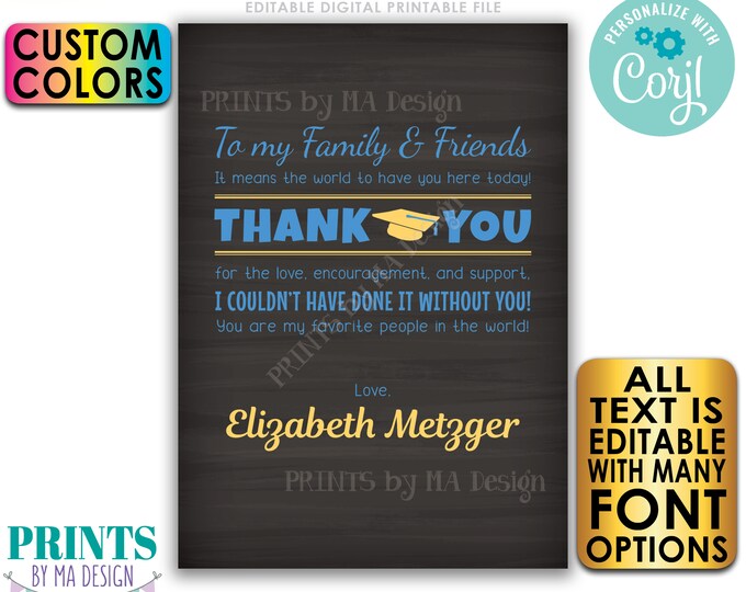 Editable Graduation Thank You Sign, Thanks from the Grad Party Decoration, Custom PRINTABLE Chalkboard Style  5x7" <Edit Yourself w/Corjl>