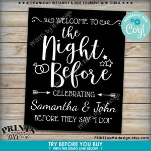 Pode incluir: Um cartaz imprim&iacute;vel preto e branco com o texto "Bem-vindos &agrave; noite antes de celebrar Samantha e John antes de dizerem "Sim, quero!" ". O cartaz tem uma borda decorativa e estrelas. O texto "Personalizar com Corjl" est&aacute; no canto superior direito.