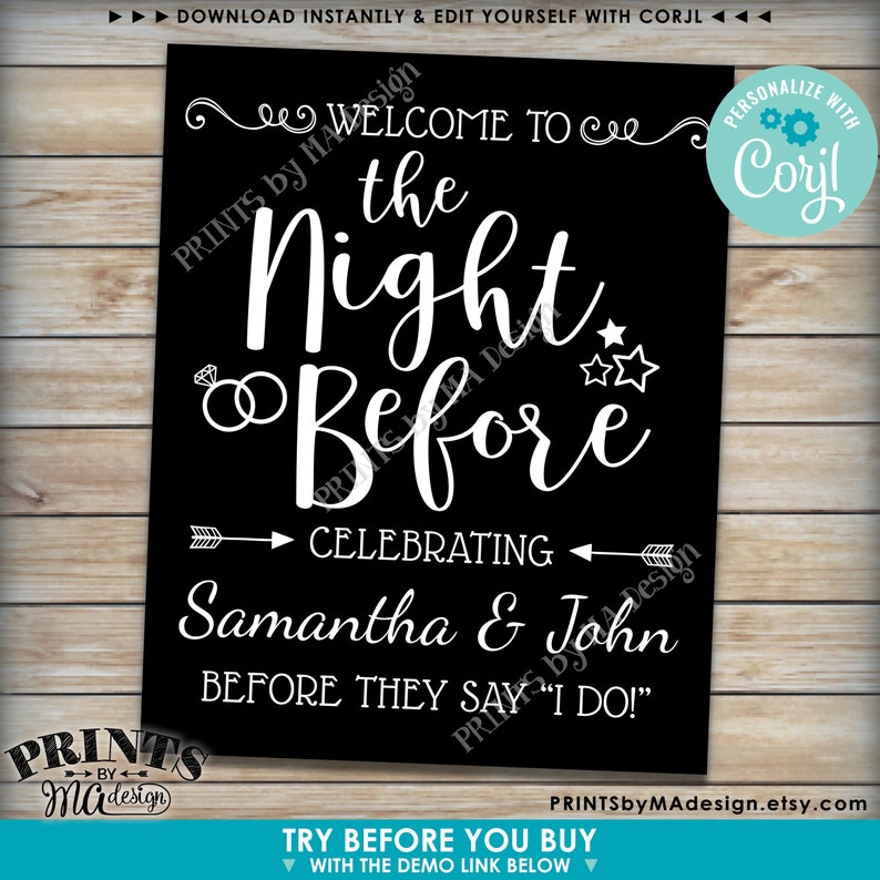 Pode incluir: Um cartaz imprim&iacute;vel preto e branco com o texto "Bem-vindos &agrave; noite antes de celebrar Samantha e John antes de dizerem "Sim, quero!" ". O cartaz tem uma borda decorativa e estrelas. O texto "Personalizar com Corjl" est&aacute; no canto superior direito.