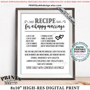 Recipe for a Happy Marriage Sign,  Bridal Shower Gift, Key to a Happy Marriage, Wedding Advice for Marriage, PRINTABLE 8x10” Sign <ID>