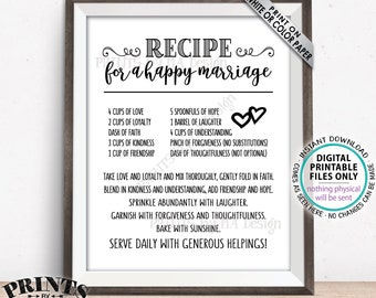 Recipe for a Happy Marriage Sign,  Bridal Shower Gift, Key to a Happy Marriage, Wedding Advice for Marriage, PRINTABLE 8x10” Sign <ID>