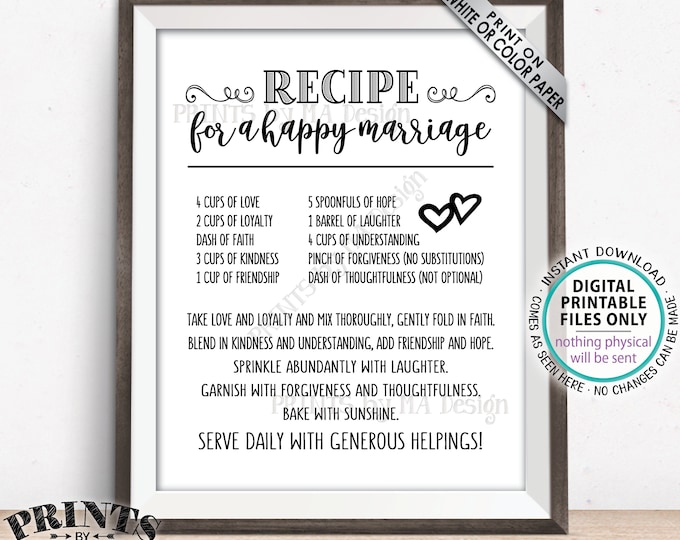 Recipe for a Happy Marriage Sign,  Bridal Shower Gift, Key to a Happy Marriage, Wedding Advice for Marriage, PRINTABLE 8x10” Sign <ID>