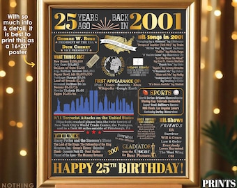 25th Birthday Poster Board, Born in the Year 2001 Flashback 25 Years Ago B-day Gift, PRINTABLE 16x20” Back in 2001 Sign <ID>