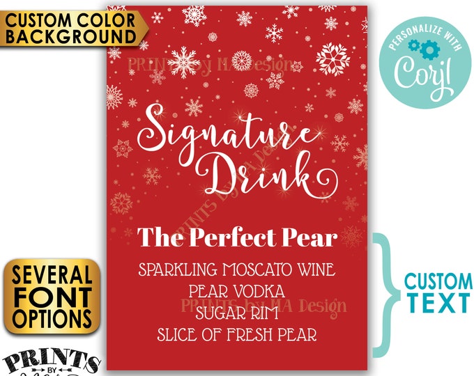 Signature Drink Sign, Christmas Party Cocktail, Snowflake Holiday Bar, Custom Background Color, PRINTABLE 5x7” Sign <Edit Yourself w/Corjl>