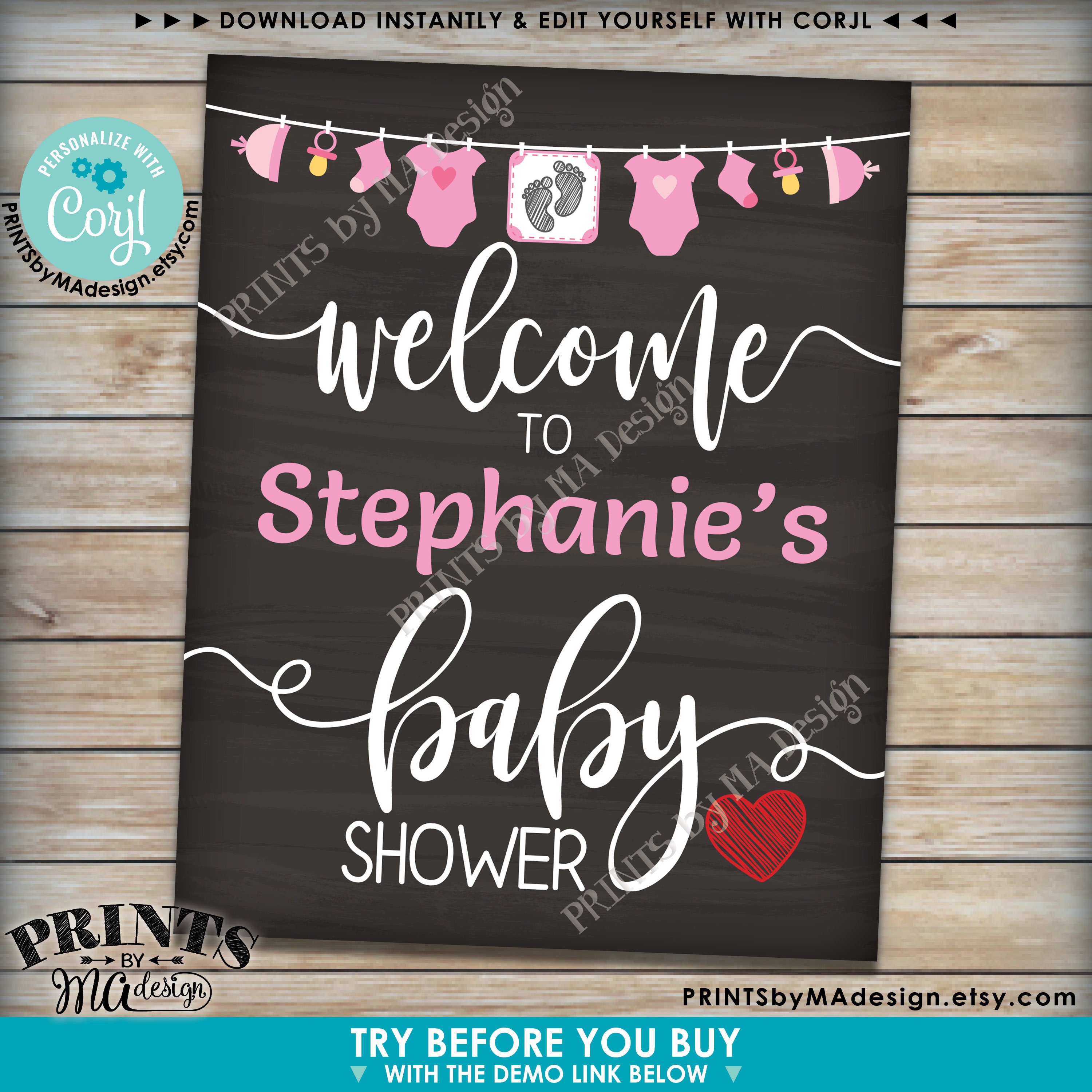 Editable Baby Shower Welcome Sign, It’s a Girl, Pink Clothesline Decor