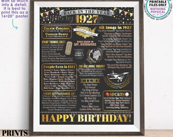 Back in the Year 1927 Birthday Sign, Flashback to 1927 Poster Board, ‘27 B-day Gift, Bday Decoration, PRINTABLE 16x20” Sign <ID>